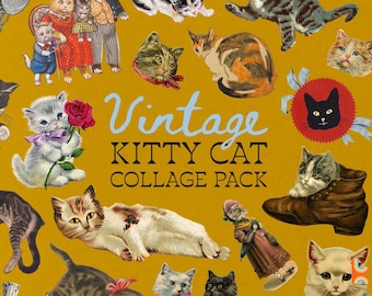 Vintage Kitty Cat-collagepakket. 40 digitale en afdrukbare png-uitsparingen voor junkjournaling en crafting. Kitsch ephemera-afbeeldingen.