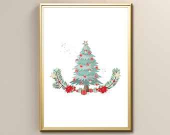 Holiday Christmas Tree Wall Art Printable, Living Room Decor Poster, Instant Digital Wall Art