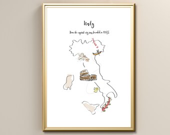 Italy Illustrated Travel Map Print, Travel Wall Art, Instant Digital Printable Poster