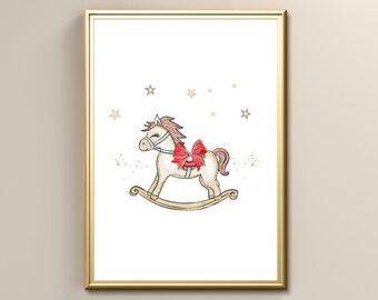 Christmas Rocking Unicorn/Horse Wall Art Printable, Living Room Decor Poster, Instant Digital Wall Art