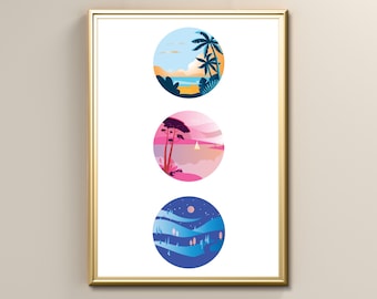 Day and Night Travel Print, California Palm Trees Inspired Wall Art Poster, Landscape Illustration, Instant Digital Printable