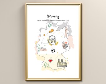 Germany Illustrated Travel Map Print, Travel Wall Art, Instant Digital Printable Poster