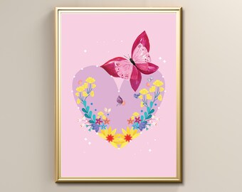 Butterfly Heart Growth Mindset Botanical Wall Art, Living Room Bedroom Wall Art, Instant Digital Printable Wall Decor, Postere