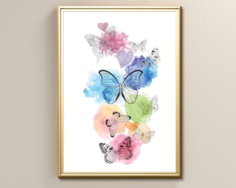 Rainbow Butterflies Chakra Print, Living Room Bedroom Wall Art, Instant Digital Printable Wall Decor, Poster