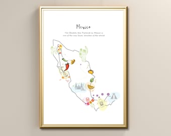 Mexico Illustrated Travel Map Print, Travel Wall Art, Instant Digital Printable Poster