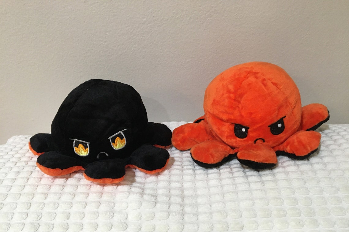 Black/Orange Fire Eyes Mood Octopus Plush Expression Flip | Etsy