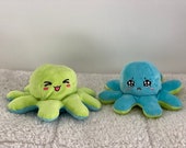 Ice Blue Lime Green, Plush Toy Octopus, Reversible Cute Flip Soft Toy, Gift, Happy Sad Expression, Mood Teddy