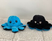 Black Blue, Plush Toy Octopus, Reversible Cute Flip Soft Toy, Gift, Happy Sad, Expression, Two Color, Mood Teddy