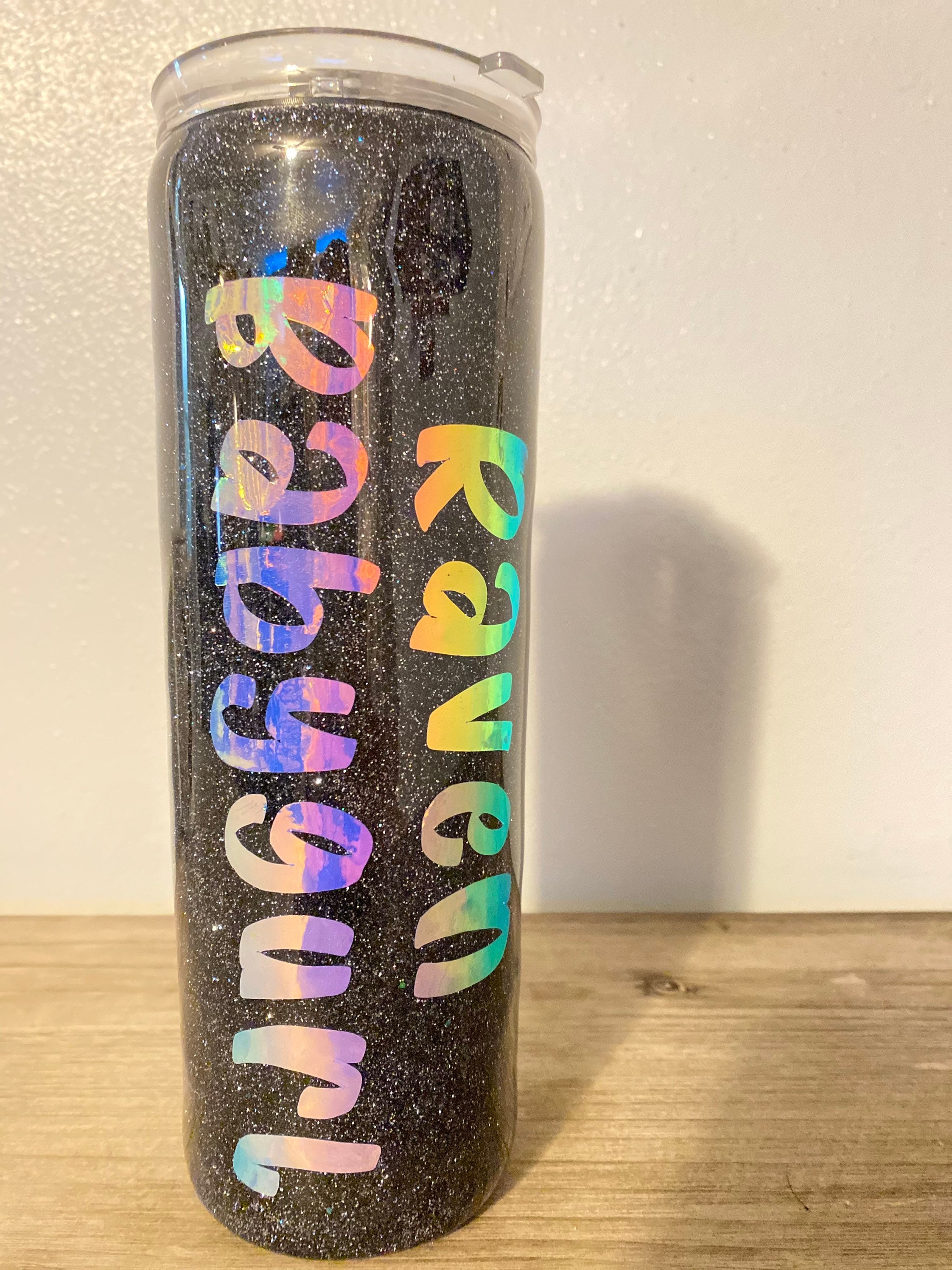 Black glitter tumbler with a holographic decal. Black glitter Etsy