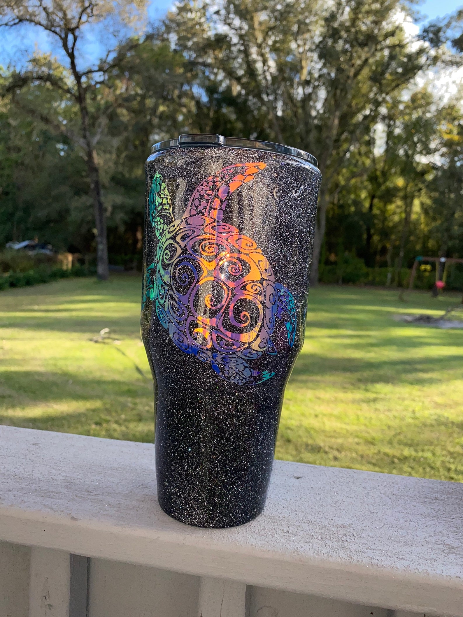 Black glitter tumbler with a holographic decal. Black glitter Etsy