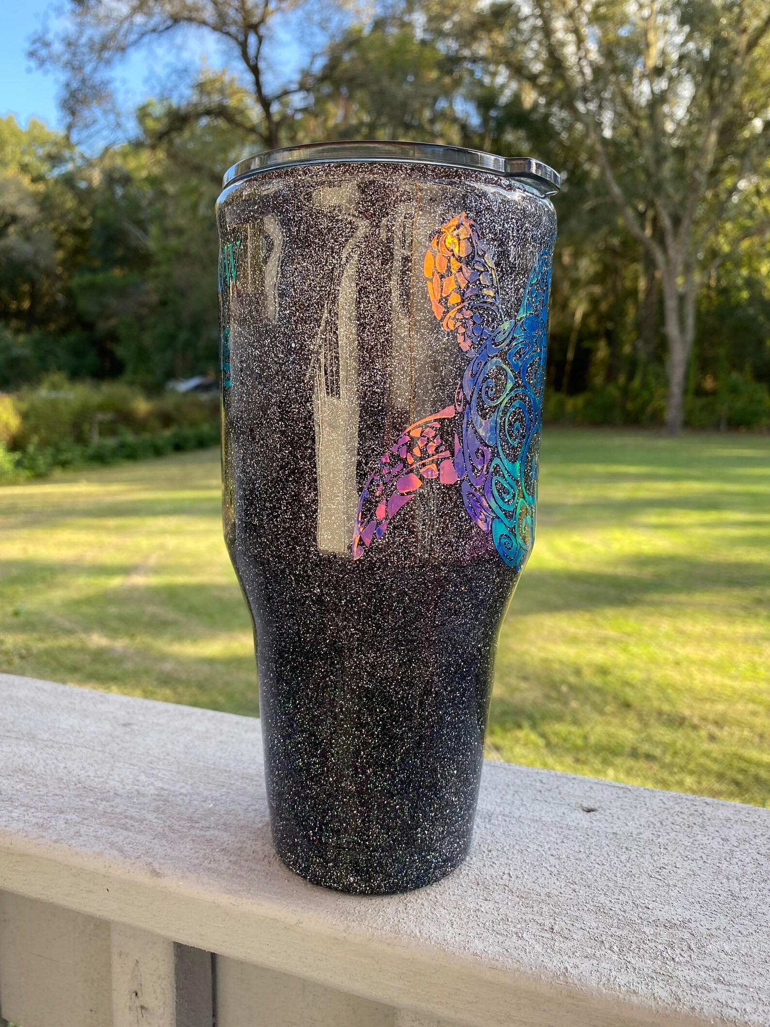 Black glitter tumbler with a holographic decal. Black glitter Etsy