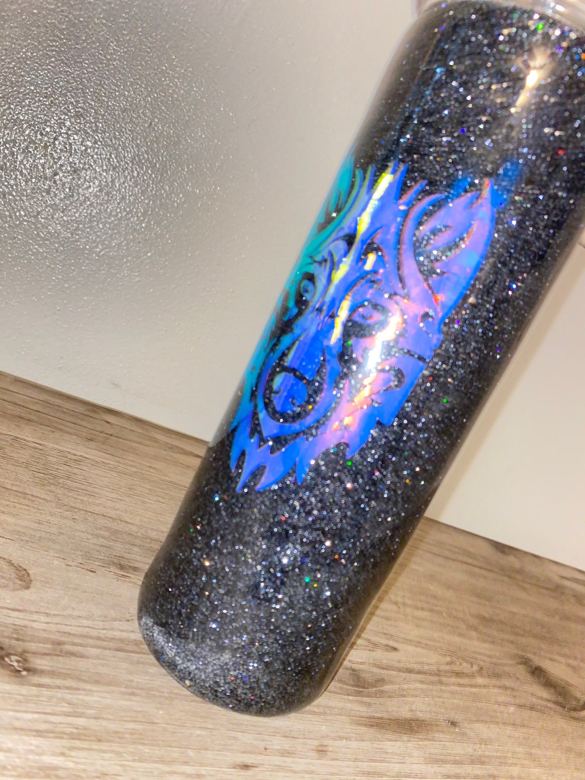 Black glitter tumbler with a holographic decal. Black glitter Etsy