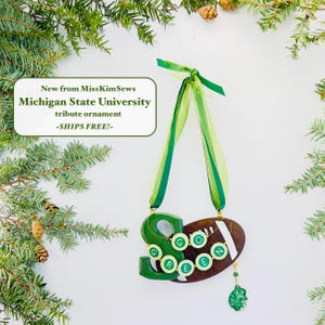 Michigan State University football ornament tribute | Artist made | Sparty charm | golden wire GO GREEN | Crystals abound | MSU | ships free