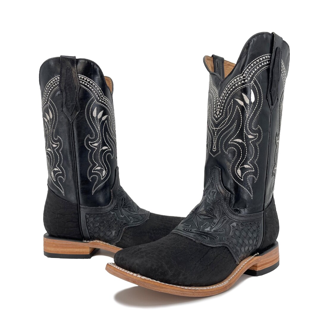 Men's Bulldog Hand Tooled Boots Bull Neck Black