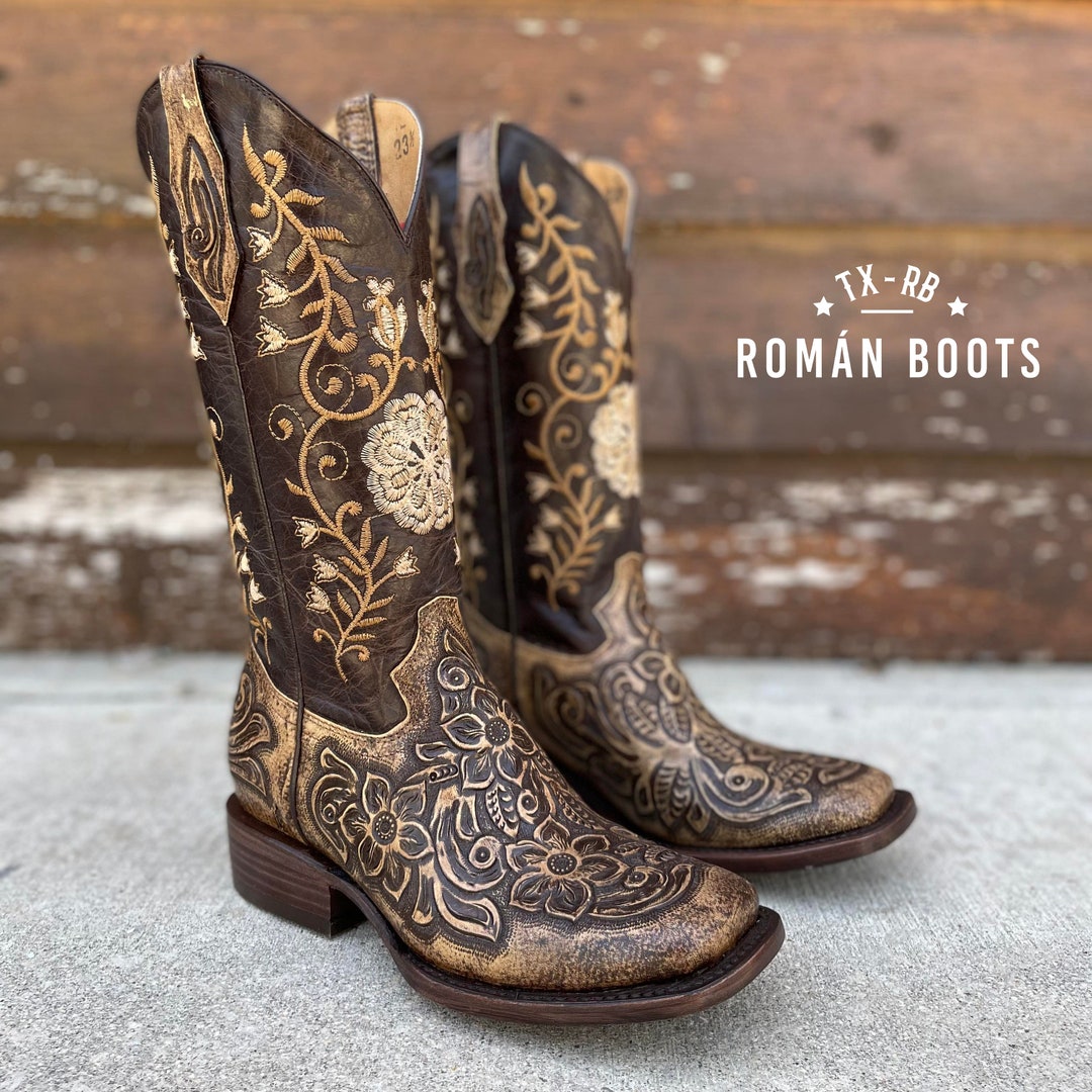 Women's Hand Tooled Boots square Toe Brown Rustic - Etsy