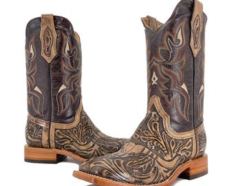 Men's Bulldog Handtooled Boots - Long Horn Rustic