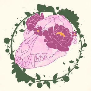 May include: A pink animal skull with a watercolor effect, surrounded by a wreath of green leaves and purple flowers.