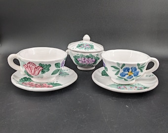 Vintage Fortebraccio Ceramiche Tazas y platillos italianos con azucarero pintado a mano