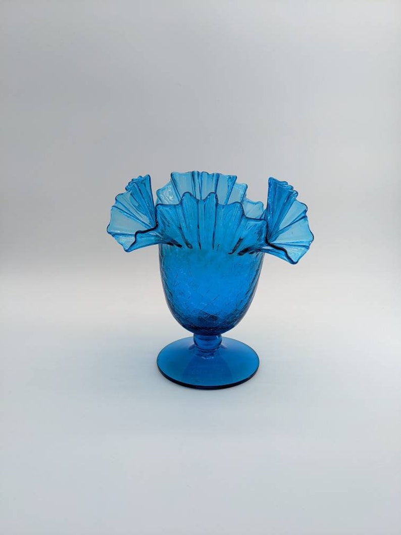 Vintage Blenko Glass Double Crimped Blue Crackle Glass Vase or Etsy
