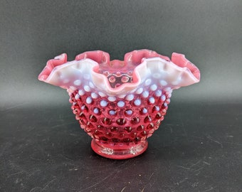 Vintage Cranberry Opalescent Fenton Hobnail Vase 4 1/4'' by 6''