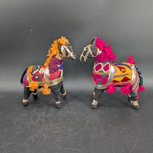 Set of 2 Vintage Rajasthani Indian Folk Art Fabric Horses 7''