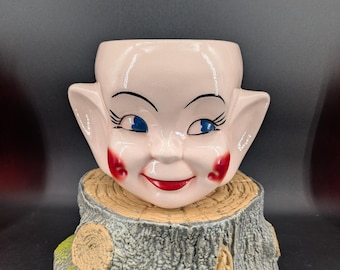 Gran tarro de galletas vintage de cerámica de los años 50 con forma de cabeza de elfo, sin sombrero, maceta de elfo