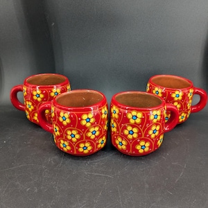 Set of 4 Red with Yellow Flowers Talavera Pottery Mugs Made in Mexico