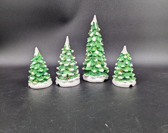 Vintage Set of 4 Lemax Ceramic Christmas Trees 7.25'' 5.25'' & 4''