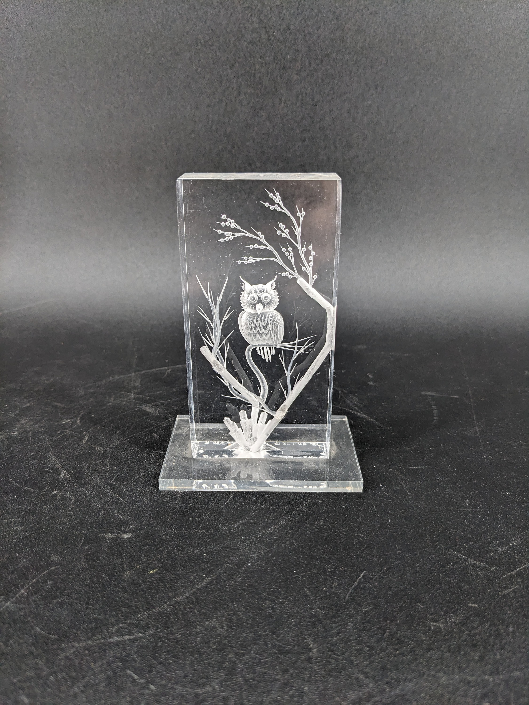 Vintage Etched Acrylic Lucite Owl in Tree 4 1/8''