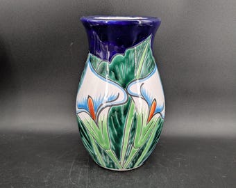 Jarrón de lirio de cala de cerámica de Talavera pintado a mano de 9 1/2'' Hecho en México