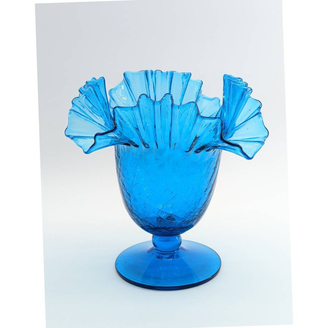 Vintage Blenko Glass Double Crimped Blue Crackle Glass Vase or Etsy