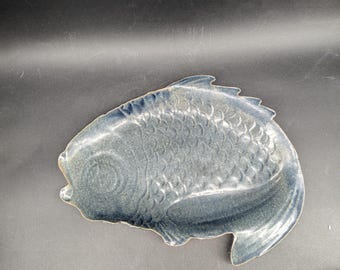 Yamamoto Pottery Blue Koi Carp Fish Dish 13'' Signed