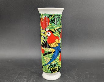 Jarrón vintage de cerámica de 1980 Copa Takahashi con diseño de pájaro tropical, 6 1/2''
