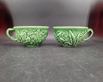 Set of 2 Vintage Porta Green Leaf Oversized Mugs Made in Portugal