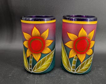 Set of 2 Handblown Glass Tumblers with Hand Painted Sunflowers 5 1/2''