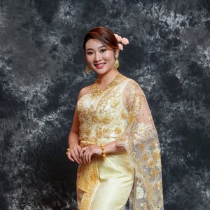 Traditional Thai wedding dress, Golden lace Thai wedding dress