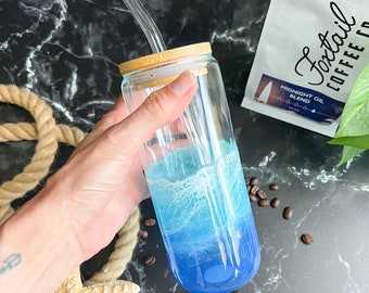 Iced coffee glass | coffee mug glass straw | ocean waves coffee glass | ocean resin drinkware | ocean wine glass