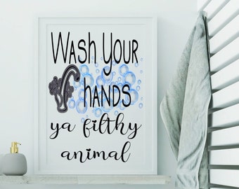 Lavati le mani Ya Sporco Animale Stampabile Segno del bagno, Segni divertenti del bagno, Segno delle regole del bagno, Regole del bagno Stampabili, Regalo sassy