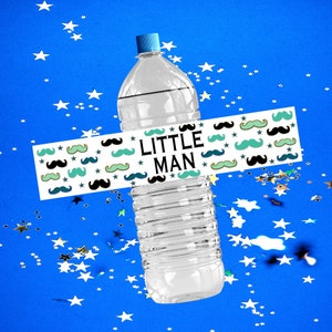 Decorazioni per feste con baffi, baby shower a tema omino, etichette stampabili per bottiglie d&#39;acqua, etichette fai da te per bottiglie d&#39;acqua, confezioni per bottiglie d&#39;acqua