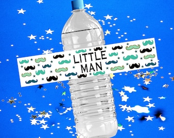 Decorazioni per feste con baffi, baby shower a tema omino, etichette stampabili per bottiglie d'acqua, etichette fai da te per bottiglie d'acqua, confezioni per bottiglie d'acqua