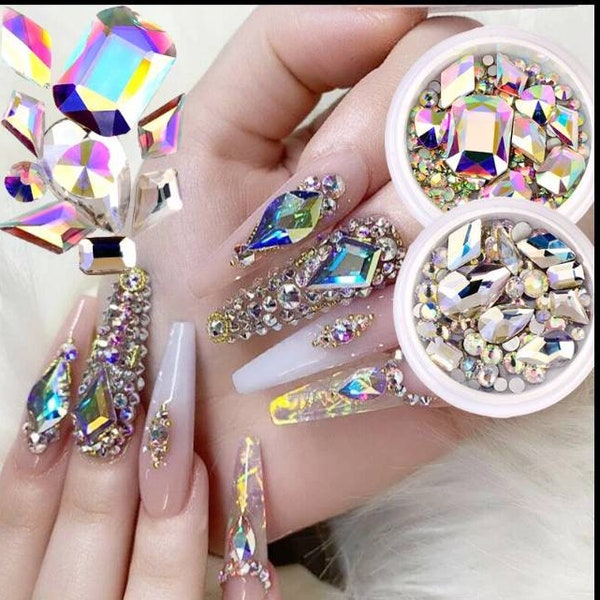 1 box of mixed design rhinestone diamond flat bottom rhinestone glitter glass nail art crystal 3D nail art decoration