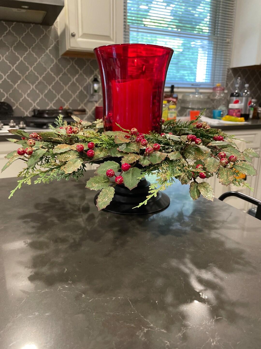 Vintage Black Metal Candle Holder With Greenery and Red Glass Candle