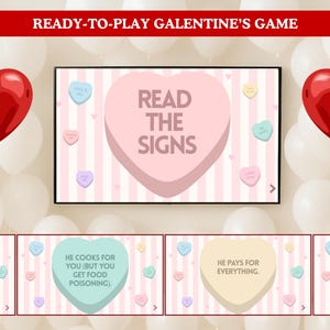 Puede incluir: Un juego del Día de San Valentín para el Día de Galentine con un fondo a rayas rosas y blancas. El juego presenta un gran letrero rosa en forma de corazón que dice "Read the Signs". Dos globos rojos en forma de corazón flanquean el letrero.