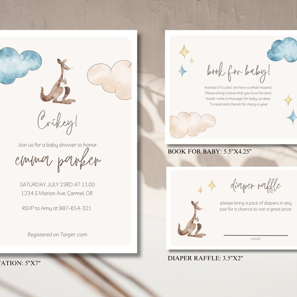 Fully EDITABLE, INSTANT DOWNLOAD Canva Template, Kangaroo-themed Baby Shower Invitation Set - 3 Items, Cute & Simple - Blue/Neutral Colors