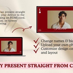Puede incluir: Presentaci&oacute;n digital mostrada en un port&aacute;til y dise&ntilde;o de carta de juego. La tarjeta presenta una foto de una persona, el nombre "Steven" y un icono de signo de interrogaci&oacute;n. El texto de la imagen dice "Presenta f&aacute;cilmente desde Canva."