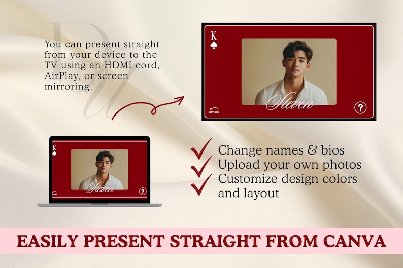 Puede incluir: Presentaci&oacute;n digital mostrada en un port&aacute;til y dise&ntilde;o de carta de juego. La tarjeta presenta una foto de una persona, el nombre "Steven" y un icono de signo de interrogaci&oacute;n. El texto de la imagen dice "Presenta f&aacute;cilmente desde Canva."