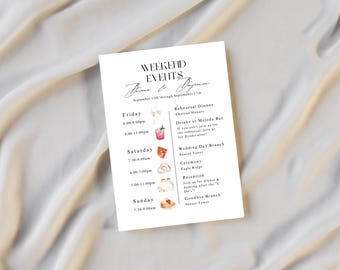 結婚式週末の旅程テンプレート：カスタマイズ可能なスケジュール（Canva、5x7、デジタルダウンロード）
