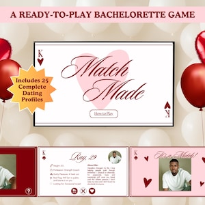 Może przedstawiać: Gra na wieczór panieński z napisem "Match Made" na białym tle z różowym sercem. Gra zawiera 25 profili randkowych i jest ozdobiona czerwonymi balonami w kształcie serca i innymi czerwonymi balonami.
