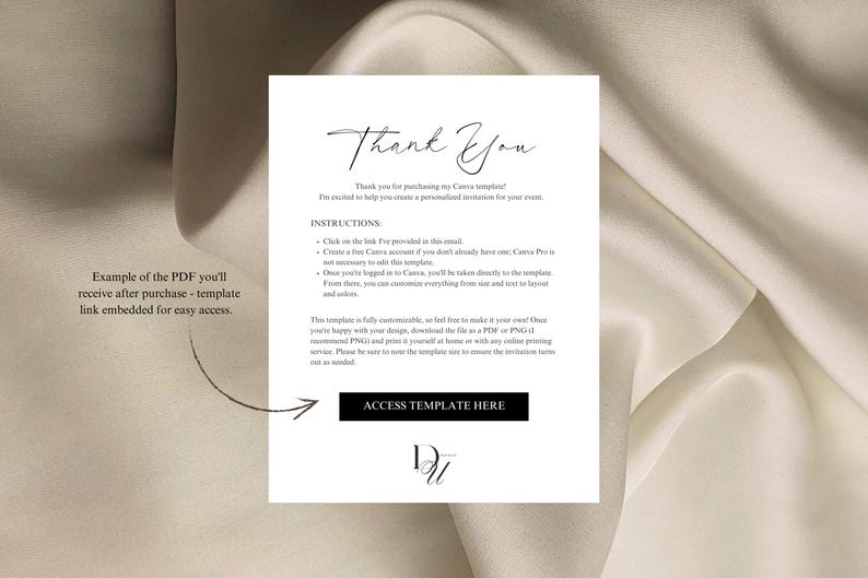 Puede incluir: Una tarjeta blanca con las palabras "Thank You" en escritura elegante. La tarjeta incluye instrucciones y un enlace para acceder a una plantilla. El texto es negro y el fondo es de color neutro.