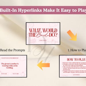 以下が含まれることがあります： ピンク色の背景に「What Would the Bride Do?」というテキストが表示されたデジタルゲーム。画像には、プロンプトの読み方やゲームの遊び方など、遊び方の説明が表示されています。このゲームには、組み込みのハイパーリンクが搭載されています。